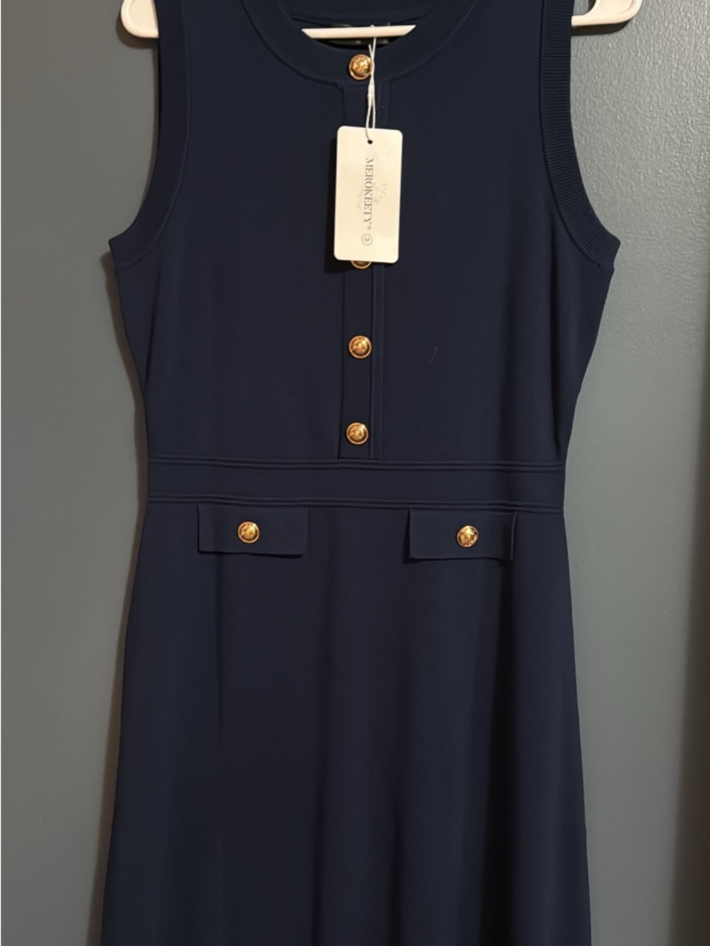 Sleeveless Navy Dress with Gold Buttons -